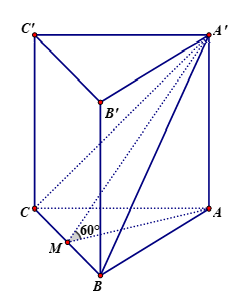 Cho hình lăng trụ tam giác đều ABC.A'B'C' có góc giữa hai mặt phẳng (A'BC) và (ABC) bằng 60°,  cạnh AB=2a. Thể tích V của khối lăng trụ ABC.A'B'C' bằng  (ảnh 1)