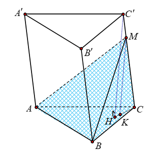 Cho hình lăng trụ ABCA'B'C' có thể tích là V. Gọi M là điểm thuộc cạnh CC' sao cho CM=3C'M. Tính theo V thể tích t của khối chóp MABC (ảnh 1)