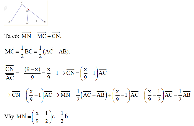 Cho tam giác ABC, biết AB =8, AC =9, BC = 11  Gọi M là trung điểm của BC, N là điểm trên đoạn AC sao cho (ảnh 1)