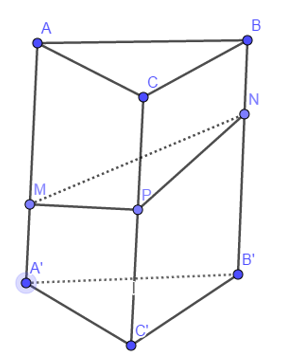 Cho hình lăng trụ ABCA'B'C'. Gọi M, N, P lần lượt là các điểm thuộc các cạnh AA',BB',CC. sao cho AM=2MA', NB'=2NB, PC=P'C. (ảnh 1)