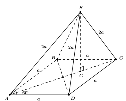 Cho hình chóp SABCD  có đáy ABCD  là hình thoi cạnh A , góc BAD= 60 độ , SB=SD=SC= 2a  . Tính thể tích khối chóp SABC . (ảnh 1)