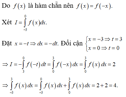 Cho f(x)  là hàm chẵn trên R thỏa mãn tích phân từ -3 đến 0  của f(x) dx = 2 . Chọn mệnh đề đúng. (ảnh 1)