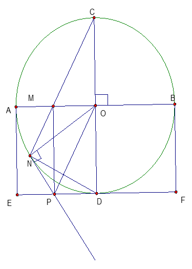 Cho (O; R)  có hai đường kính AB và CD vuông góc nhau. Trên đoạn thẳng AB lấy điểm M (khác O) đường thẳng CM cắt đường tròn (O) tại điểm thứ hai N , đường thẳng vuông góc với AB tại M (ảnh 1)
