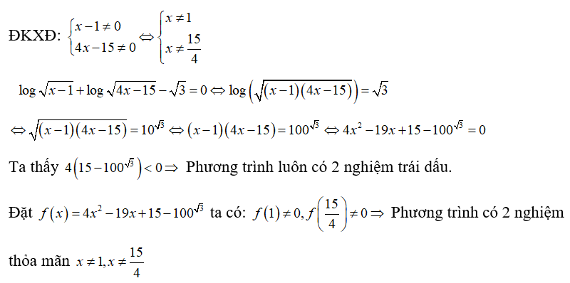 Số nghiệm của phương trình log căn x -1 + log căn 4x - 15 - căn 3 = 0  bằng:  (ảnh 1)