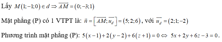 Trong không gian với hệ tọa độ Oxyz, cho mặt phẳng (P) qua A(1;2;-1)  và chứa đường thẳng d: x-1/2= y+1/1= z/-2  có phương trình là:  (ảnh 1)