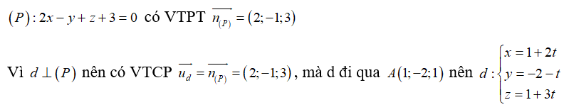 Trong không gian với hệ tọa độ Oxyz, cho mặt phẳng (P): 2x -y +z +3 = 0  và điểm A(1;-2;1) . Viết phương trình đường thẳng đi qua A và vuông góc với (P).  (ảnh 1)