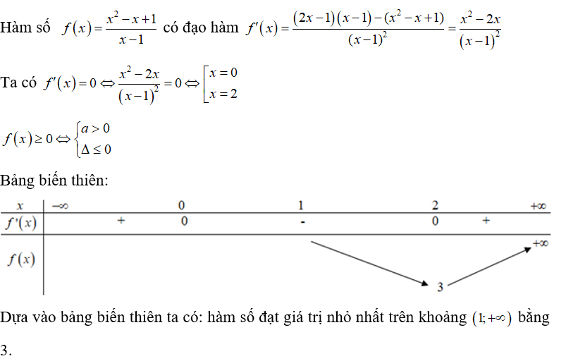 Giá trị nhỏ nhất của hàm số f(x)= x^2 -x +1/ x-1  trên khoảng (1; dương vô cùng)  là  (ảnh 1)