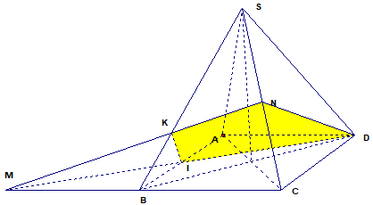 Cho hình chóp đều SABCD có tất cả các cạnh bằng a. Gọi M là điểm đối xứng của  C qua B và N là trung điểm SC , mp( DMN) chia khối chóp SABCD thành  (ảnh 1)