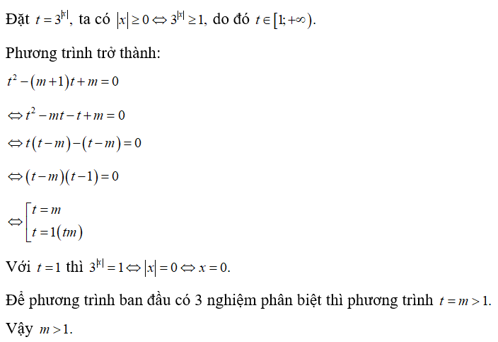 Cho phương trình 9^trị x -(m +1)3^ trị x + m =0.   Điều kiện của m để phương trình có đúng 3 nghiệm thực phân biệt là (ảnh 1)