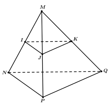 Cho tứ diện MNPQ . Gọi I,J,K  lần lượt là trung điểm của MN, MP, MQ . Tỉ số thể tích VMỊK/ VMNPQ   bằng: (ảnh 1)