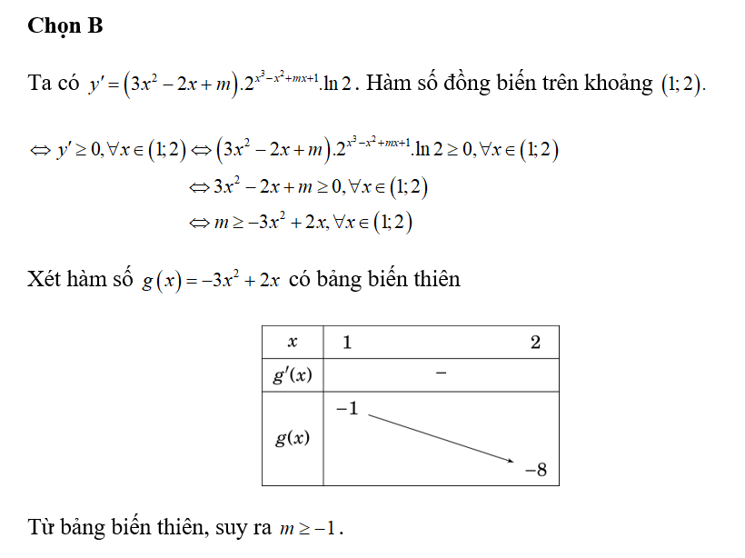 Tìm các giá trị thực của tham số m để hàm số y= 2^x^3- x^2+mx+1 (ảnh 1)