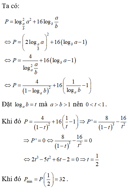 Xét các số thực a, b thỏa mãn a lớn hơn b lớn hơn 1 . Tìm giá trị nhỏ nhất Pmin  của biểu thức P =log a/b a^2 +16log b a/b. (ảnh 1)