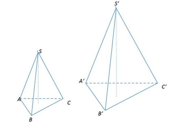 Nếu chiều cao và cạnh đáy của một hình chóp tam giác đều cùng tăng lên 2   lần thì thể tích của nó tăng lên mấy lần? (ảnh 1)