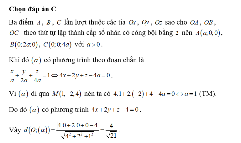 Trong không gian Oxyz, cho điểm M(1;-2;4). Gọi (alpha) là mặt phẳng  đi qua M (ảnh 1)