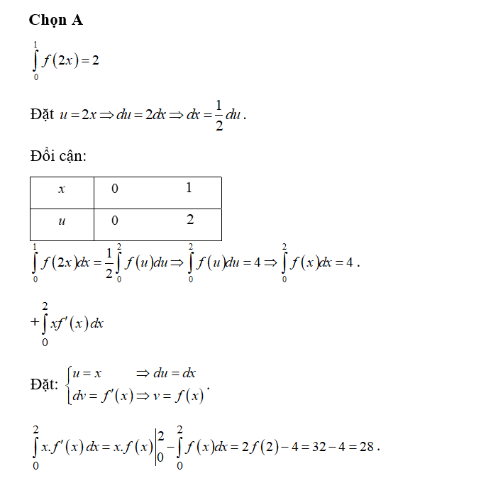 Hàm số f(x) liên tục trên R và thỏa mãn f(2)= 16; tich phan f (2x) =2 (ảnh 1)