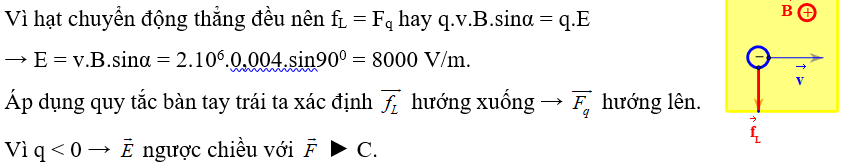 Một electron chuyển động thẳng đều trong miền có cả từ trường đều và điện trường đều. Véctơ vận tốc của hạt và hướng đường sức từ như hình vẽ. Biết B = 0,004 T, v = 2.106 m/s, xác định hướng và cường độ điện trường E:  	A.   hướng lên, E = 6000 V/m	B.   hướng xuống, E = 6000 V/m  	C.   hướng xuống, E = 8000 V/m 	D.   hướng lên, E = 8000V/m  (ảnh 2)