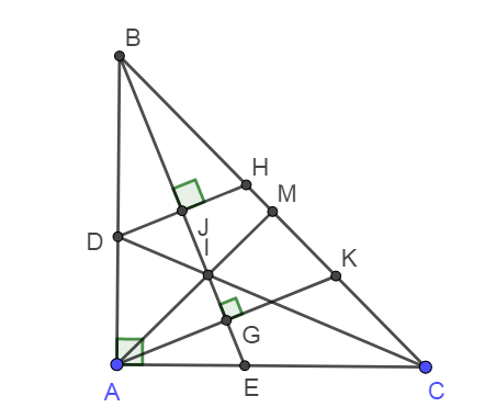 Cho tam giác ABC  vuông cân tại A, tia phân giác của góc B và góc C cắt AC và AB lần lượt tại E và D. (ảnh 1)