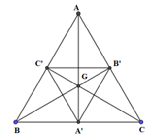 Cho tam giác ABC có trọng tâm G. Gọi A’, B’, C’ lần lượt là trung điểm của các cạnh BC, CA (ảnh 1)