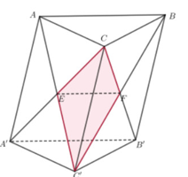 Cho khối lăng trụ tam giác đều ABC.A'B'C' Các mặt phẳng (ABC') và (A'B'C') chia khối lăng trụ đã cho thành 4 khối đa diện. Kí hiệu  lần lượt là khối có thể tích lớn nhất và nhỏ nhất trong bốn khối trên. Tính giá trị của   (ảnh 1)