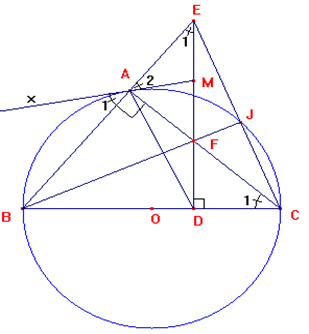 Cho đường tròn tâm O, đường kính BC, A là một điểm nằm trên đường tròn sao cho dây AB bé hơn dây AC. Trên đoạn OC lấy điểm D (D khác O, C). (ảnh 1)