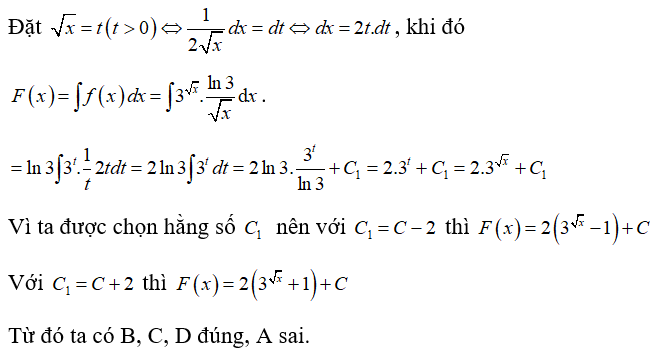 Cho  f(x)= 3^ căn x ln3/ căn x. Hàm số nào dưới đây không phải là nguyên hàm của hàm số f(x) ? (ảnh 1)
