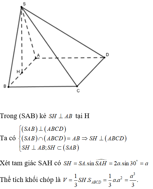 Cho hình chóp SABCD   có đáy là hình vuông cạnh a, mặt bên SAB nằm trong mặt phẳng vuông góc với (ảnh 1)