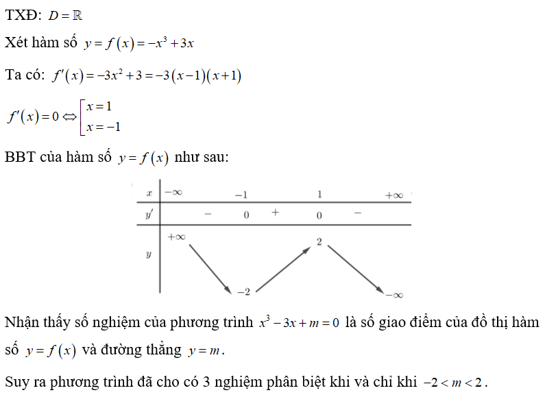Tìm tập hợp tất cả các giá trị của tham số m để phương trình x^3 -3x +m =0  có ba nghiệm phân biệt. (ảnh 1)