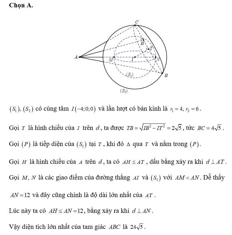 Trong không gian với hệ tọa độ Oxyz, cho hai mặt cầu (S1): (x+4)^2+ y^2+z^2=16 (ảnh 1)