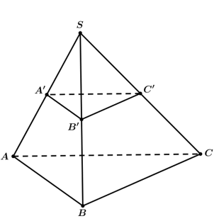 Cho khối chóp SABC  có thể tích V . Các điểm  A', B' ,C'   tương ứng là trung điểm các cạnh  SA, SB , SC . Thể tích khối chóp  SA'B'C' bằng  (ảnh 1)