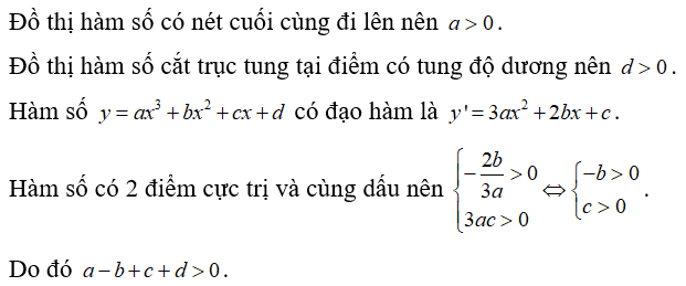 Cho hàm số y =ax^3 +bx^2 +cx +d  có đồ thị như sau:   Khẳng định nào sau đây là khẳng định đúng? (ảnh 1)