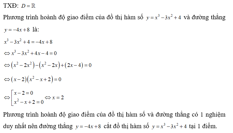 Đồ thị hàm số y=x^3 - 3x^2 +4  và đường thẳng y = -4x +8  có tất cả bao nhiêu điểm chung? (ảnh 1)