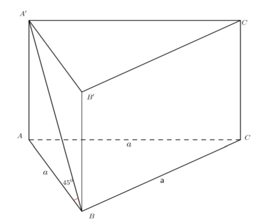 Cho hình lăng trụ tam giác đều ABCDA'B'C'D' có cạnh đáy bằng a Góc giữa đường thẳng A'B và mặt phẳng (ABC) là 45 Tính thể tích của khối lăng trụ  (ảnh 1)