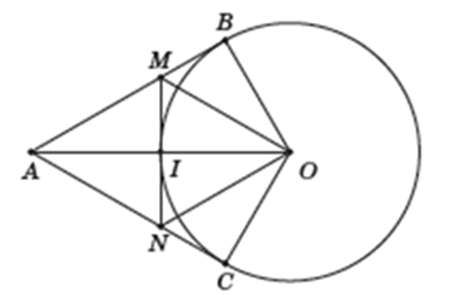 Từ một điểm A nằm bên ngoài đường tròn (O; R) vẽ hai tiếp tuyến AB, AC với đường tròn (ảnh 1)