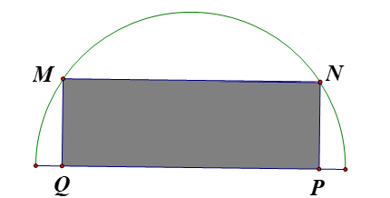 Từ một miếng tôn hình bán nguyệt có bán kính R=4 , người ta muốn cắt một hình chữ nhật (xem hình vẽ) có diện tích lớn nhất.  (ảnh 1)