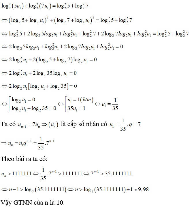 Cho dãy số un  có số hạng đầu u khác 1  và thỏa mãn log 2 (5u1)^2 + log 2 &u1)^2 = log 2 5^2 +log 2 7^2 (ảnh 1)