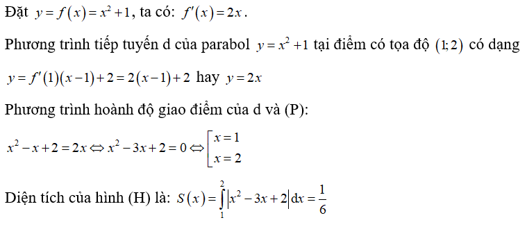 Cho hình phẳng (H) giới hạn bởi đường parabol (P): y= x^2 -x +2  và tiếp tuyến của đồ thị hàm số y= x^2 +1  tại điểm có tọa độ (1;2) . Diện tích của hình (H) là  (ảnh 1)