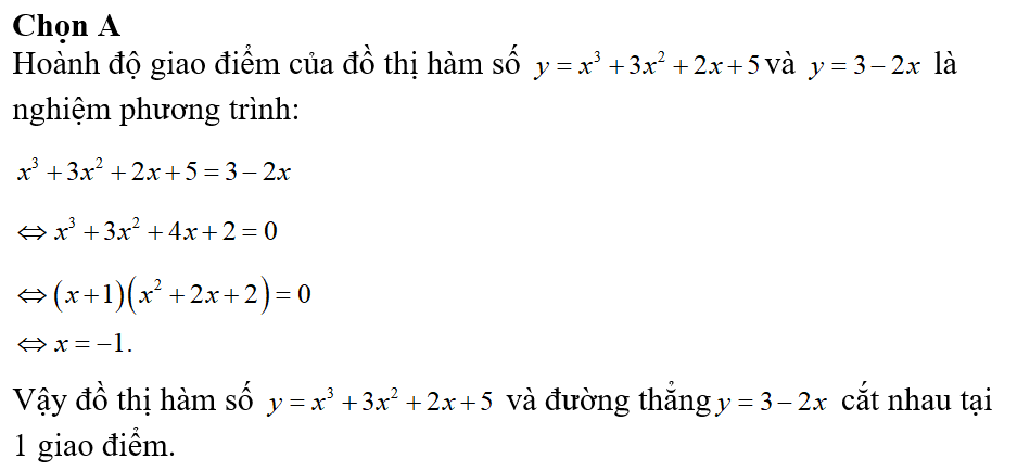 Tìm số giao điểm của đường cong y=x^3+3x^2+2x+5 và đường thẳng (ảnh 1)