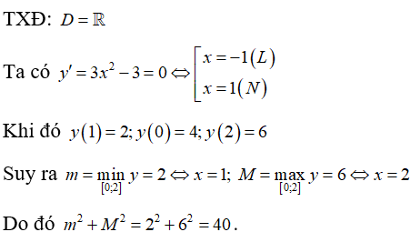 Gọi M và m lần lượt là giá trị lớn nhất và giá trị nhỏ nhất của hàm số y =x^3 -3x +4  trên đoạn [0;2] . Giá trị của biểu thức M^2 +m^2  bằng: (ảnh 1)