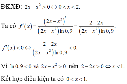 Cho hàm số f(x) = log 0,9 ( 2x -x^2).  Tập nghiệm của bất phương trình (ảnh 1)