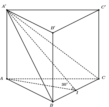 Đáy của lăng trụ đứng tam giác ABCA'B'C'  là tam giác đều. Mặt phẳng (A'BC)  tạo với đáy một góc 30o và diện tích tam giác A'BC   bằng 8.  (ảnh 1)