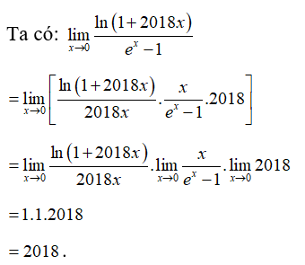 Tìm giới hạn lim từ x đến 0 của ln(1+2018x)/ e^x -1 (ảnh 1)