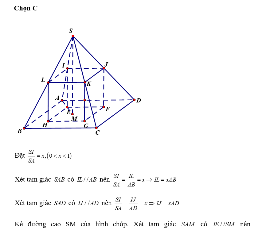 Cho khối chóp S.ABCD có đáy ABCD là hình chữ nhật. Một mặt phẳng thay đổi (ảnh 1)