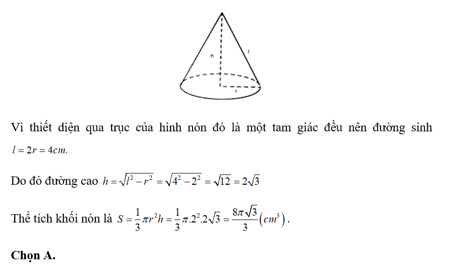 Cho hình nón có bán kính đáy bằng 2cm và thiết diện qua trục của hình nón đó  (ảnh 1)