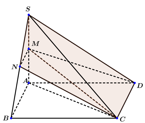 Cho hình chóp SABCD có đáy hình vuông, cạnh bên SA vuông góc với đáy. Gọi M,N là trung điểm của SA, SB (ảnh 1)
