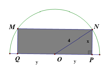 Từ một miếng tôn hình bán nguyệt có bán kính R=4 , người ta muốn cắt một hình chữ nhật (xem hình vẽ) có diện tích lớn nhất.  (ảnh 2)