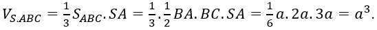  Cho hình chóp S.ABCcó đáy ABClà tam giác vuông tại B, AB=a, BC=2a, SA⊥(ABC), SA=3a. Thể tích của khối chóp S.ABCbằng (ảnh 2)