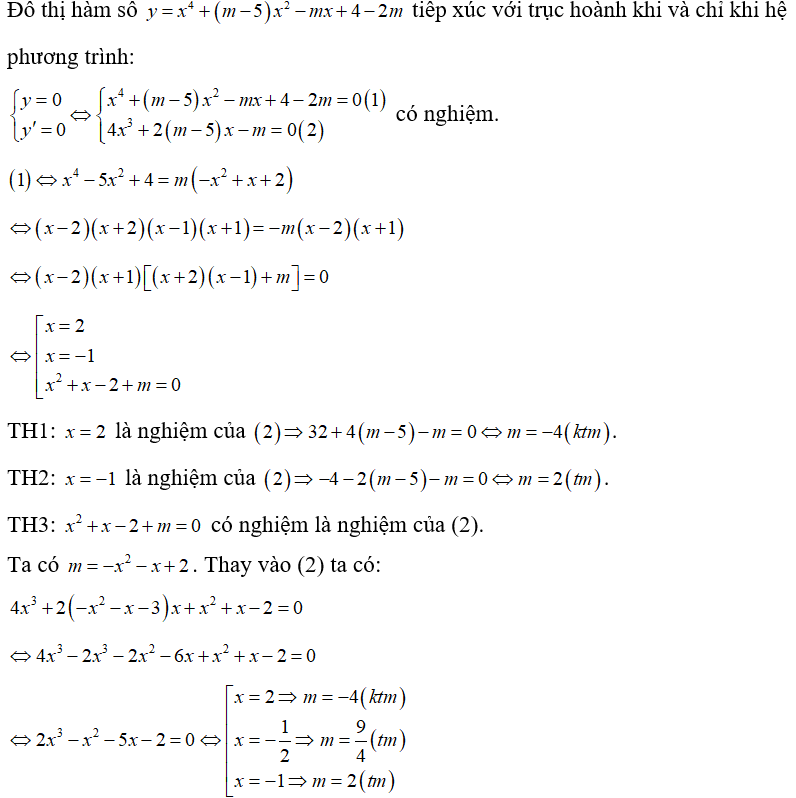 Có bao nhiêu giá trị thực của tham số m trong khoảng (-3;5) để đồ thị hàm số y = x^4 + (m -5) x^2 - mx + 4 - 2m  tiếp xúc với trục hoành?  (ảnh 1)