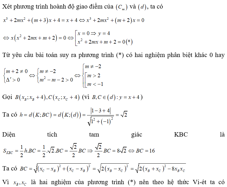Cho hàm số y =x^3 +2mx^2 +( m+3)x +4 (Cm) . Giá trị của tham số m để đường thẳng (d): y =x+4 cắt (Cm)  tại ba điểm phân (ảnh 1)