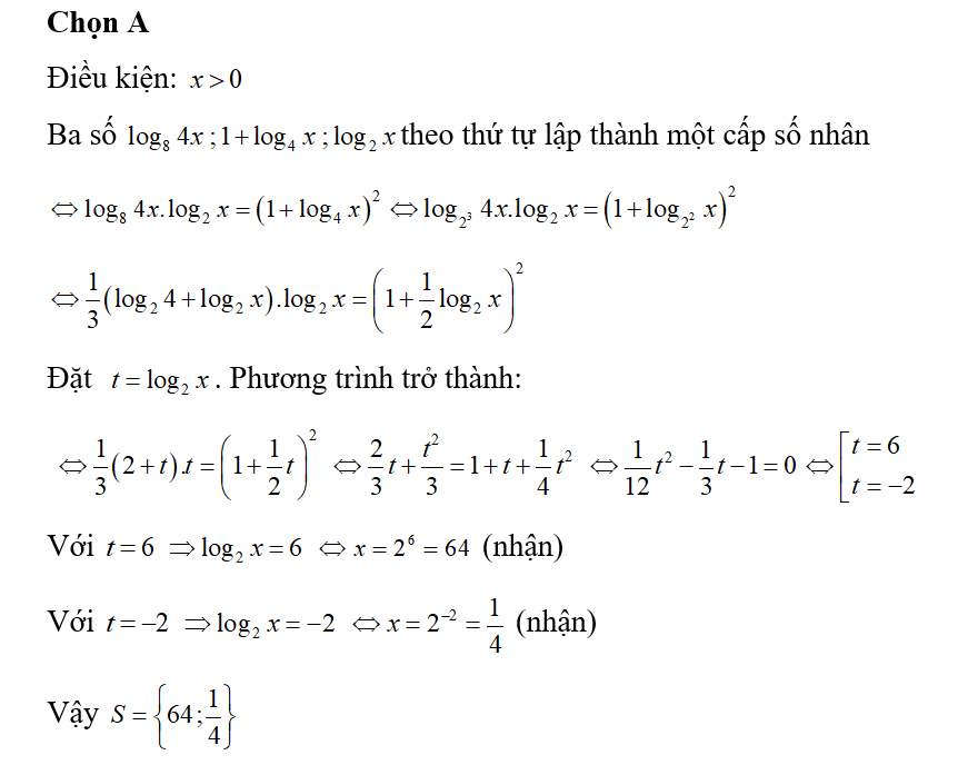 Gọi S là tập hợp các giá trị của x để ba số log 8 4x; 1 +log 4x; log 2 x theo thứ tự lập thành (ảnh 1)