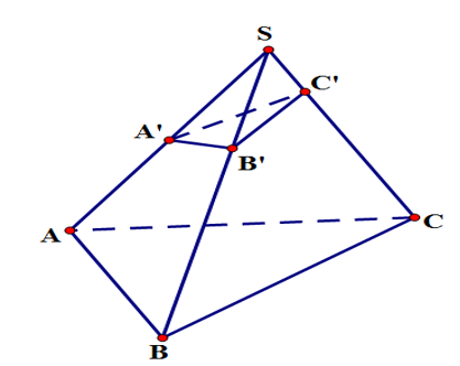 Cho khối chóp  SABC trên ba cạnh  SA,SB,SC lần lượt lấy ba điểm  A'B'C' sao cho  SA'=1/2SA, SB' =1/3SB,SC'=1/4SC   (ảnh 1)